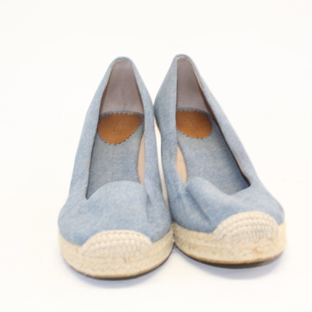 J Crew Factory Blue Canvas Slip On Espadrille High Heel Wedges Shoes #127 - Picture 3 of 10